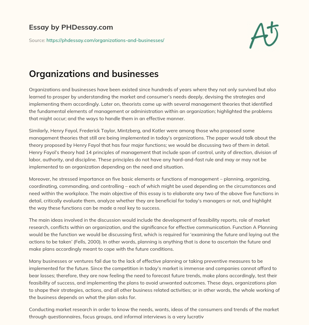 Organizations and businesses essay
