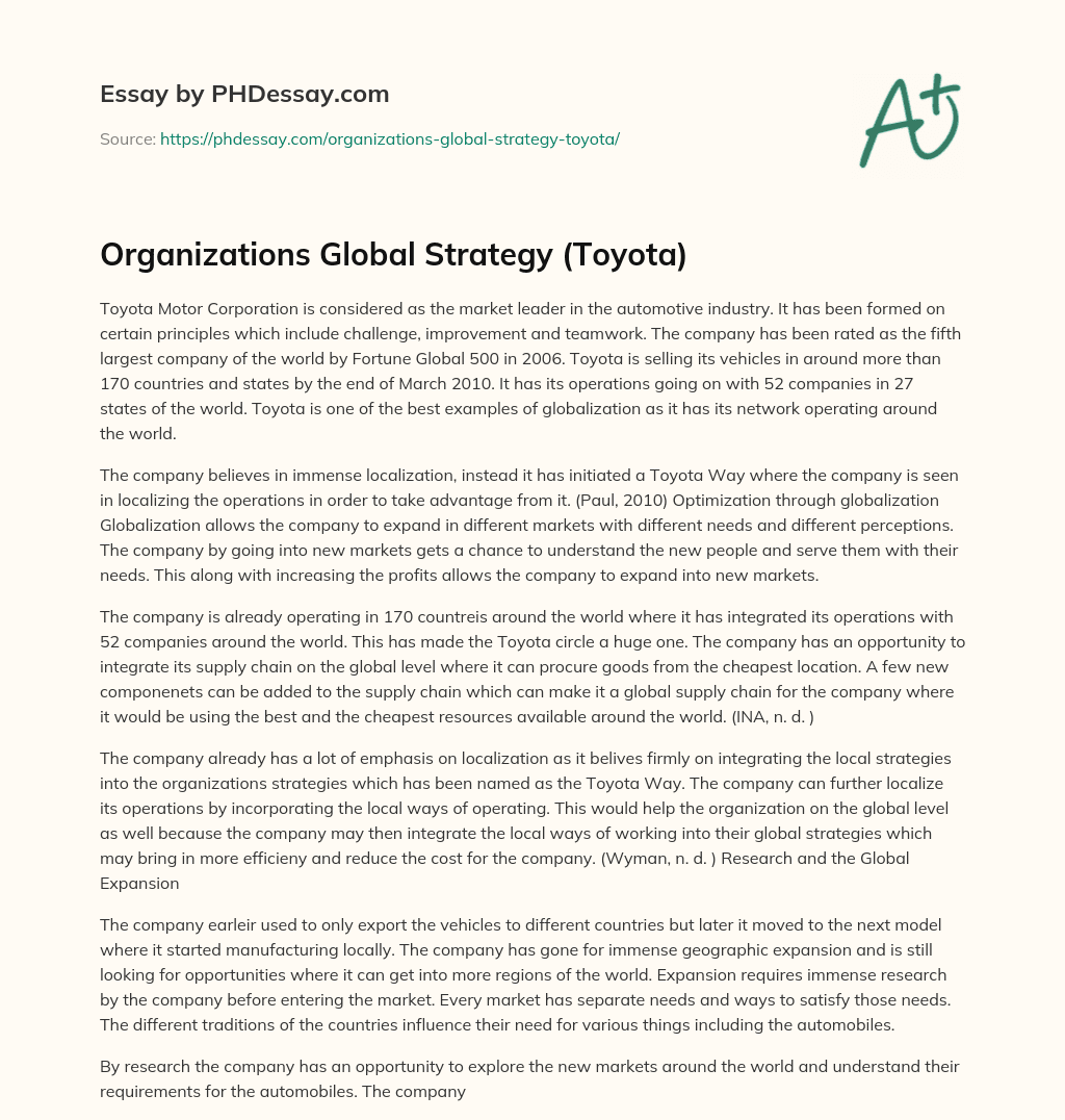 Organizations Global Strategy (Toyota) essay