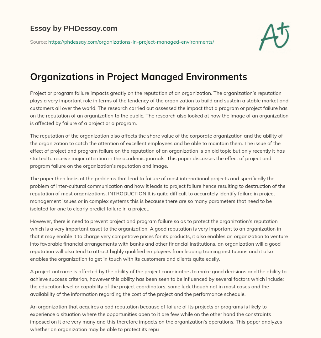 Organizations in Project Managed Environments essay