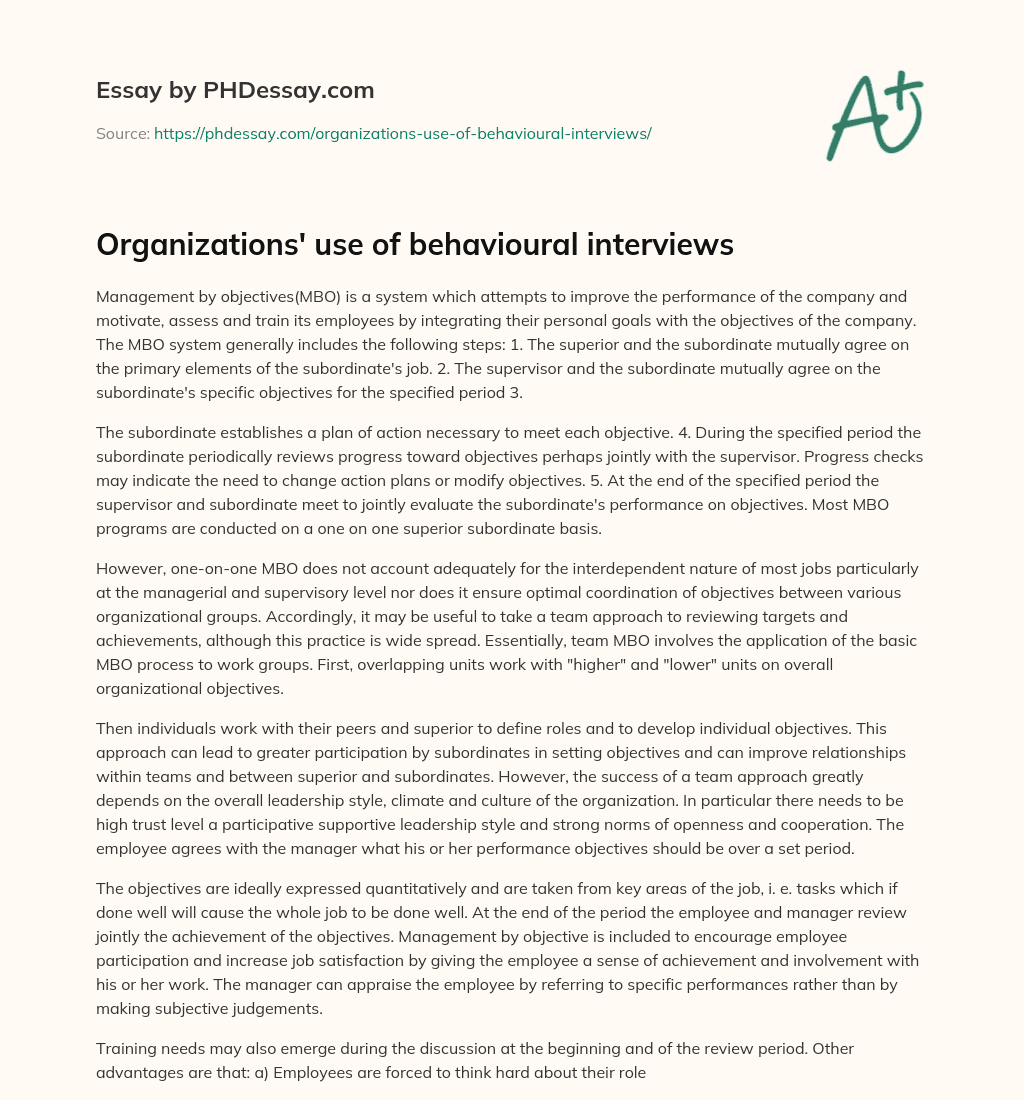 Organizations’ use of behavioural interviews essay