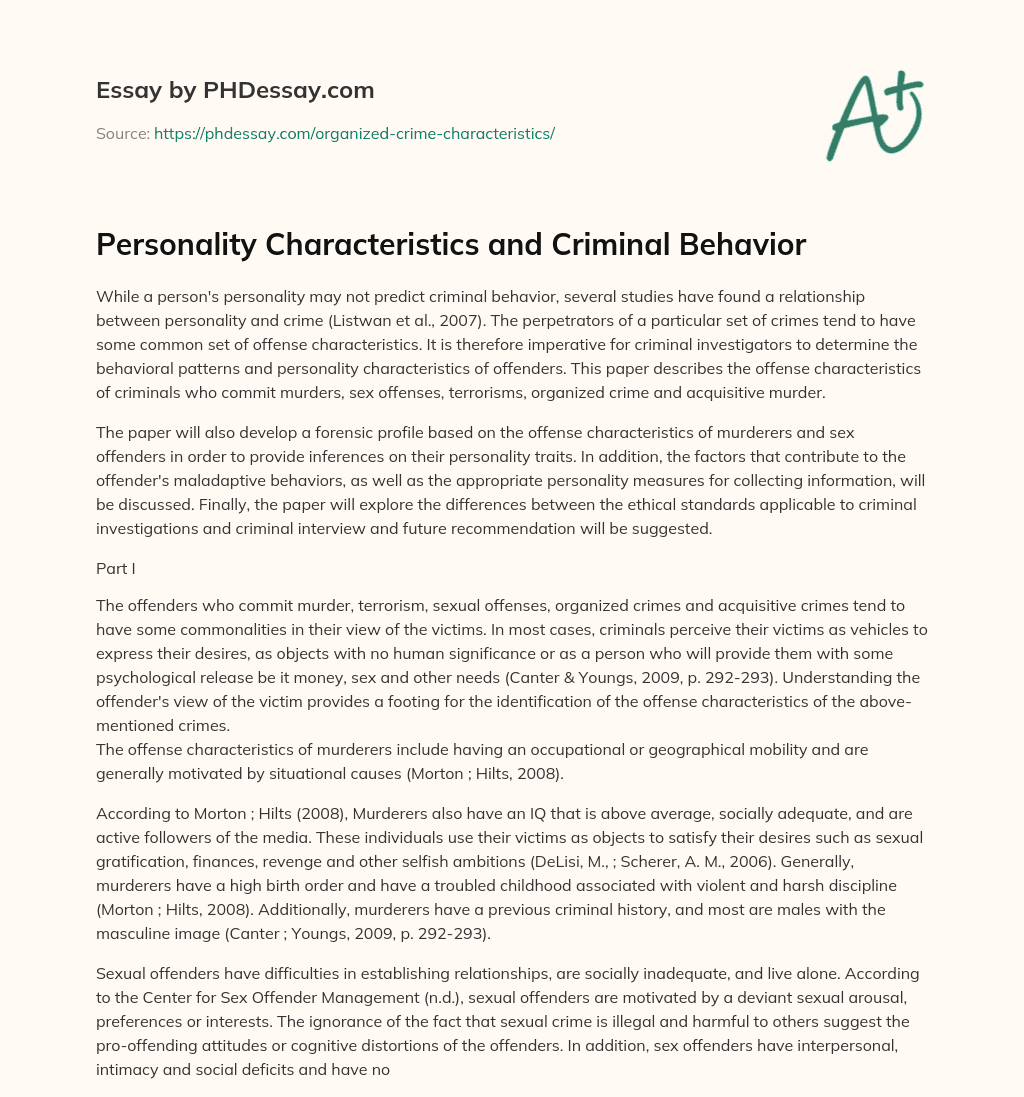 Personality Characteristics and Criminal Behavior essay
