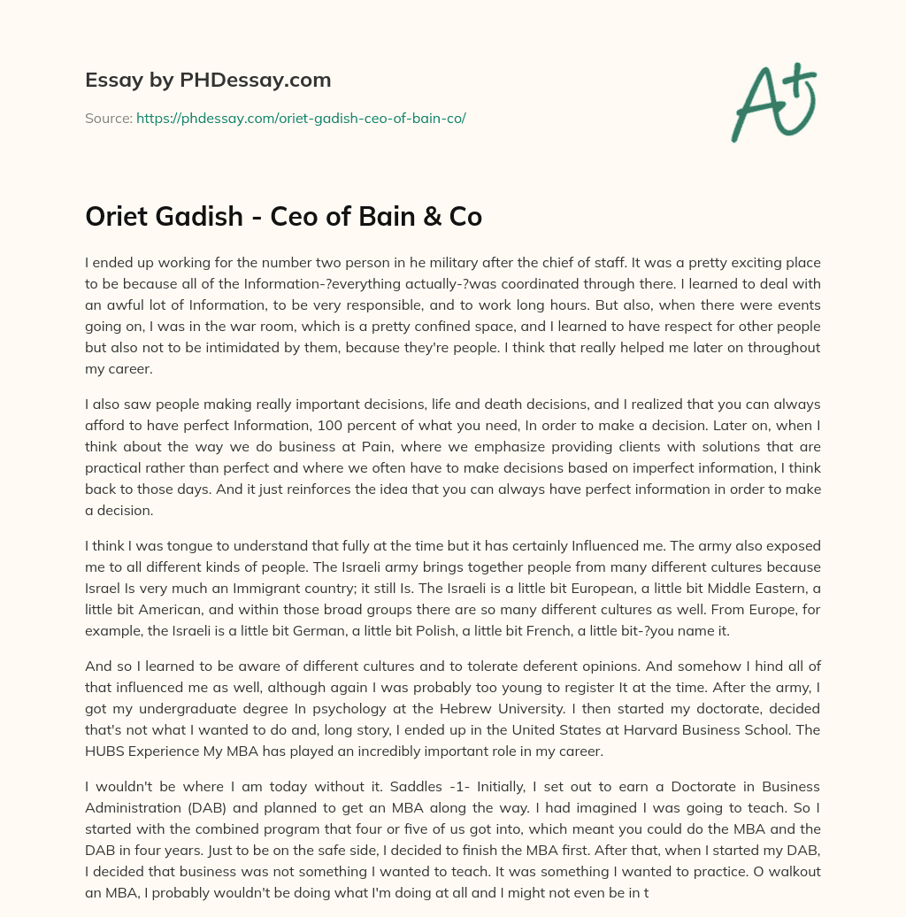 Oriet Gadish – Ceo of Bain & Co essay