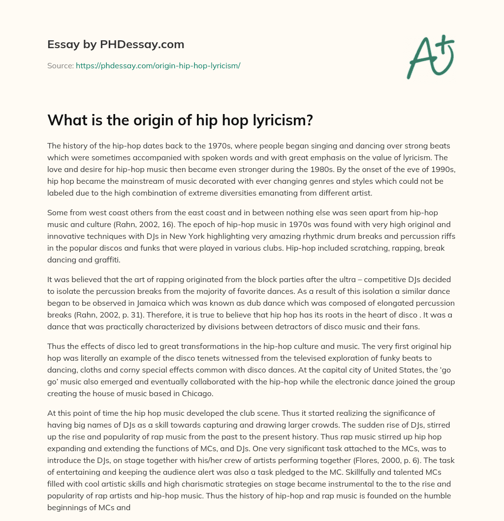 What is the origin of hip hop lyricism? essay