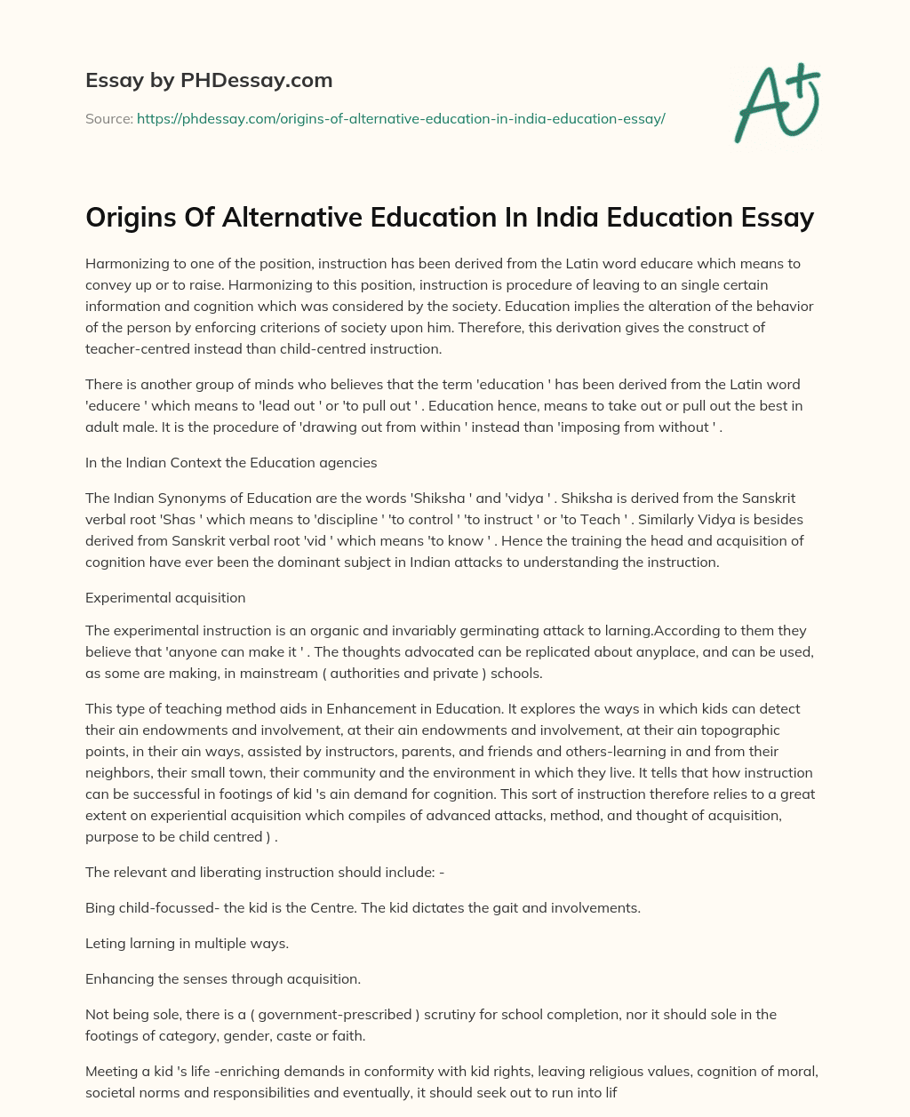 Origins Of Alternative Education In India Education Essay essay