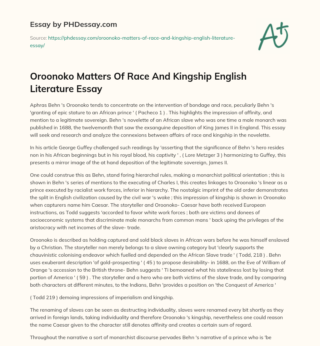 Oroonoko Matters Of Race And Kingship English Literature Essay essay