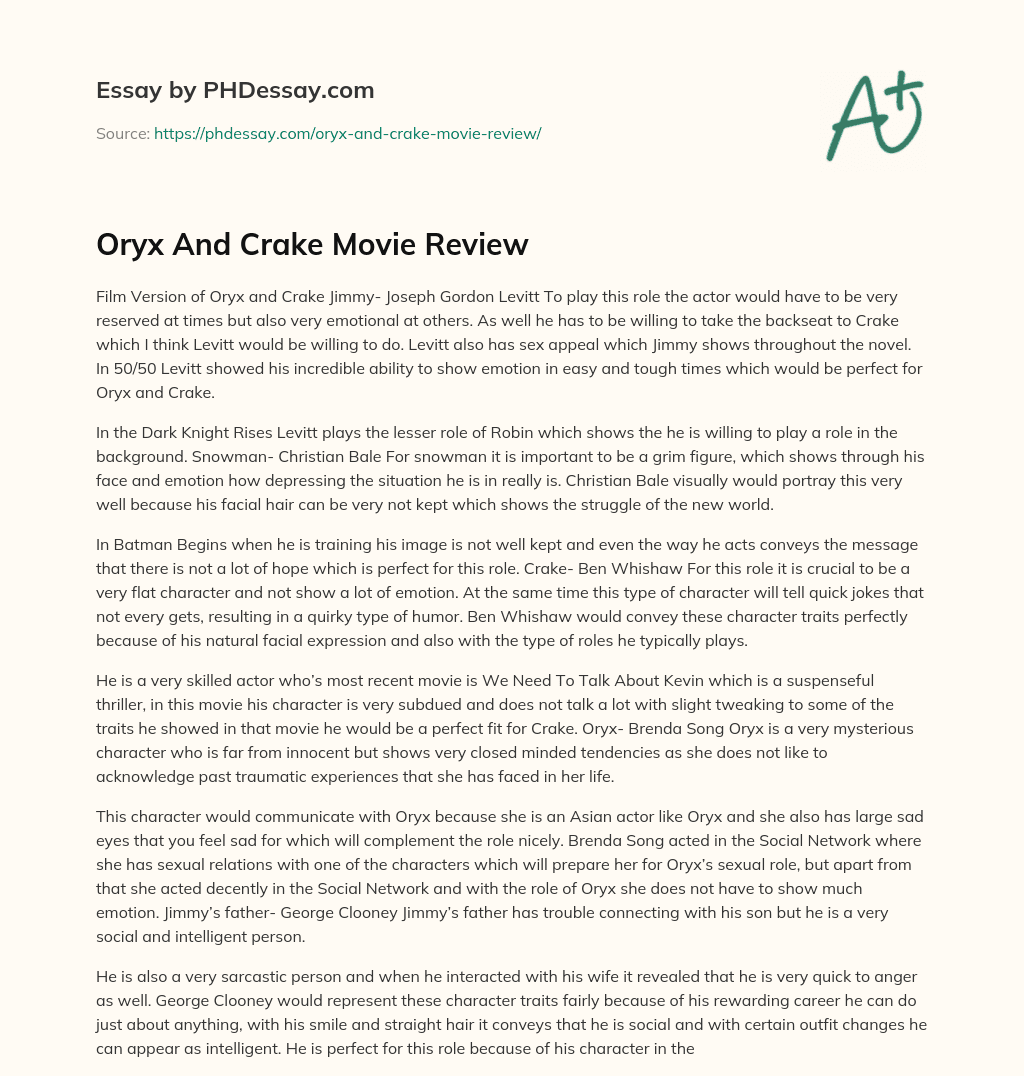 Oryx And Crake Movie Review essay
