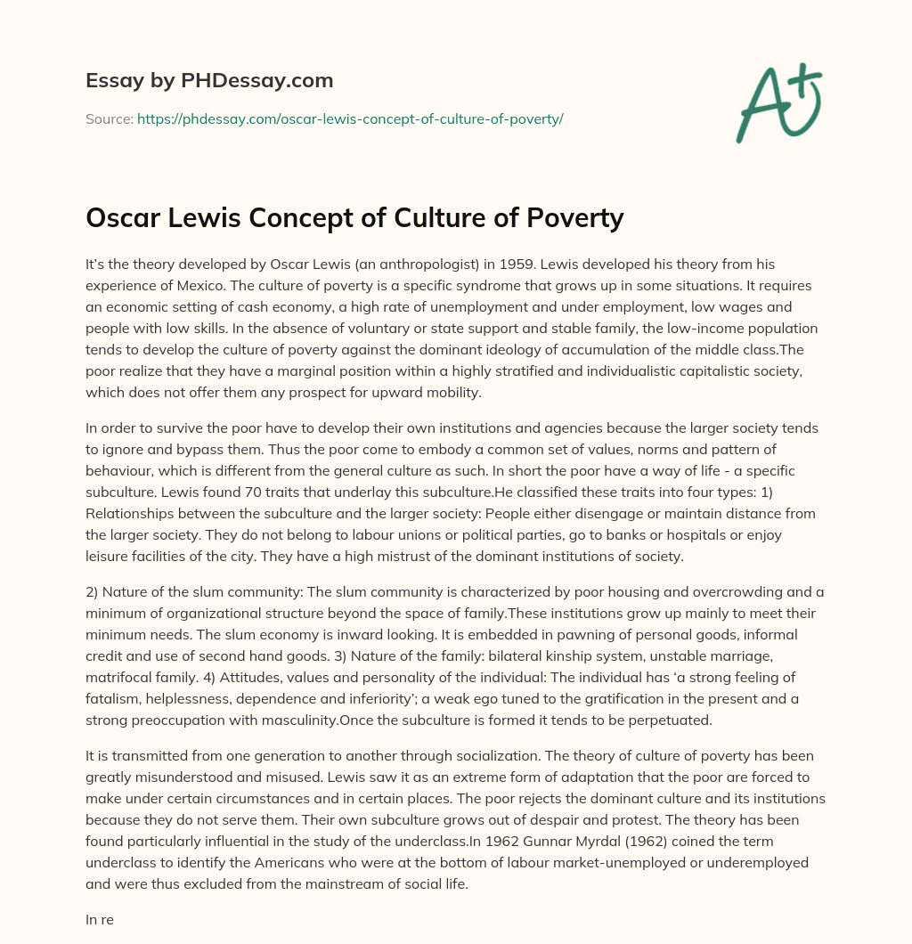 oscar lewis's culture of poverty thesis