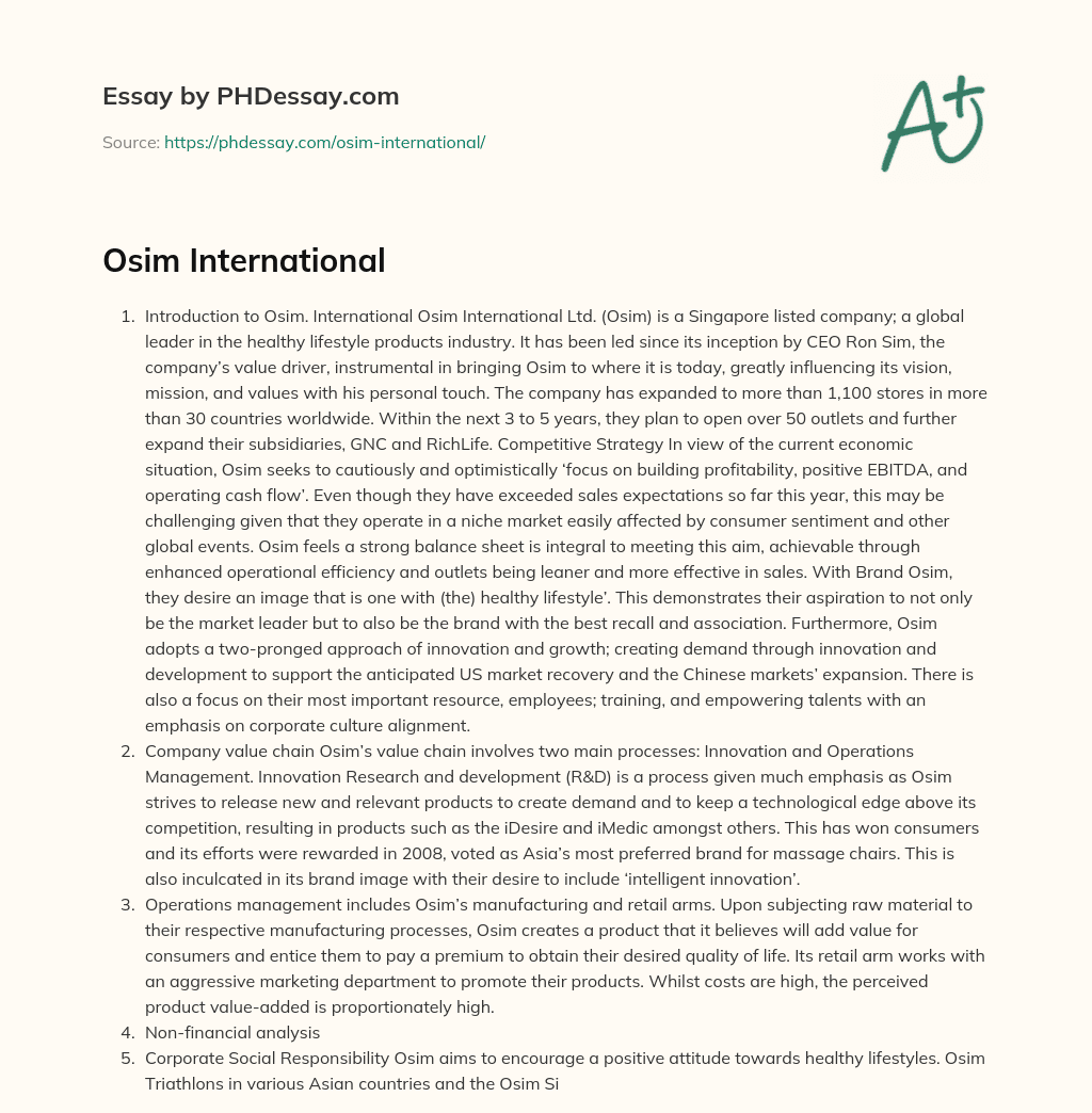 Osim International essay