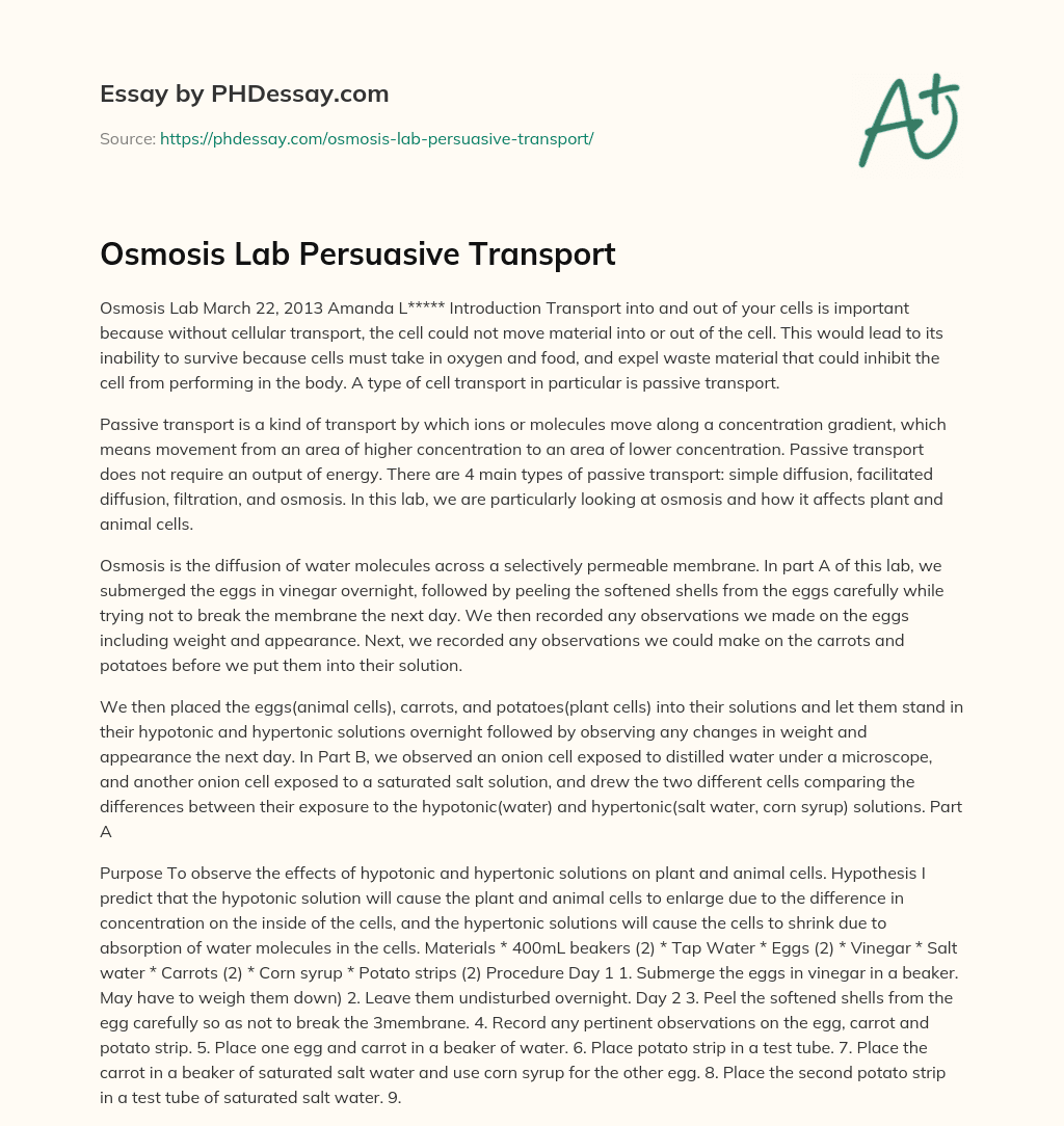 Osmosis Lab Persuasive Transport essay