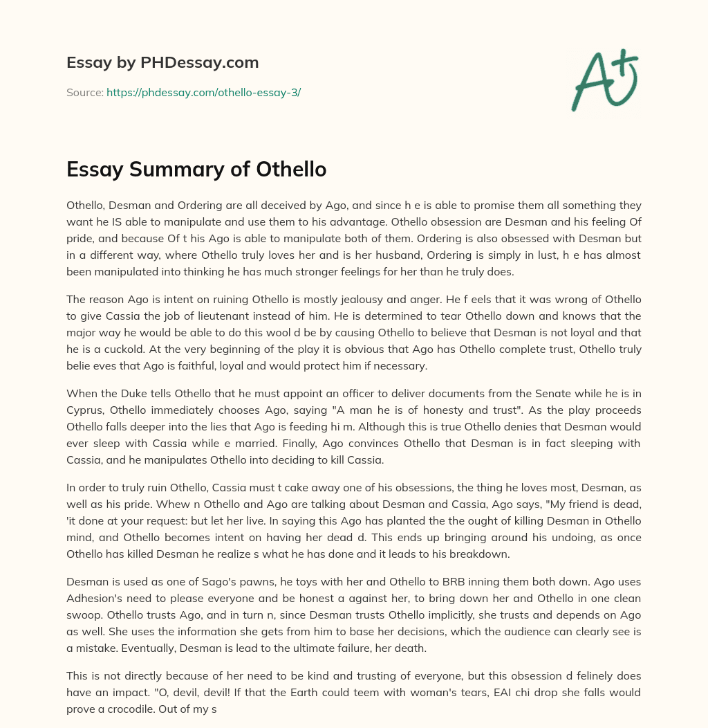 Essay Summary of Othello essay
