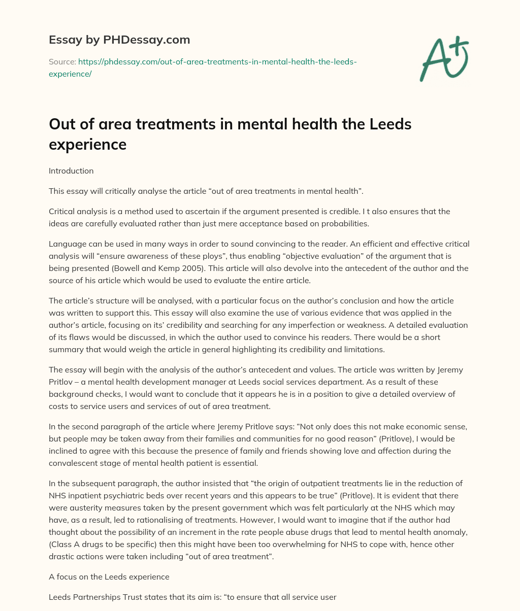 Out of area treatments in mental health the Leeds experience essay