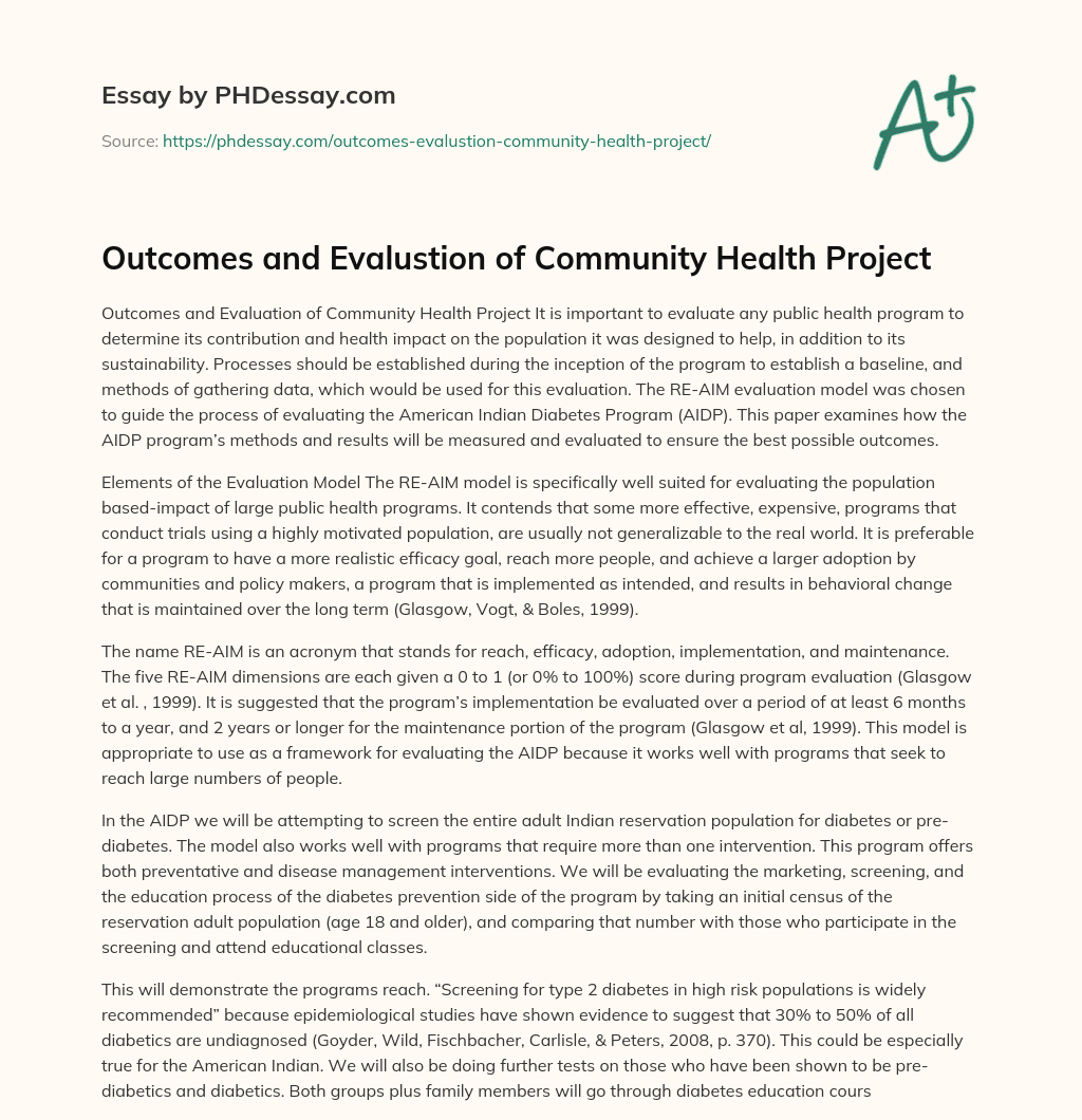 Outcomes and Evalustion of Community Health Project essay