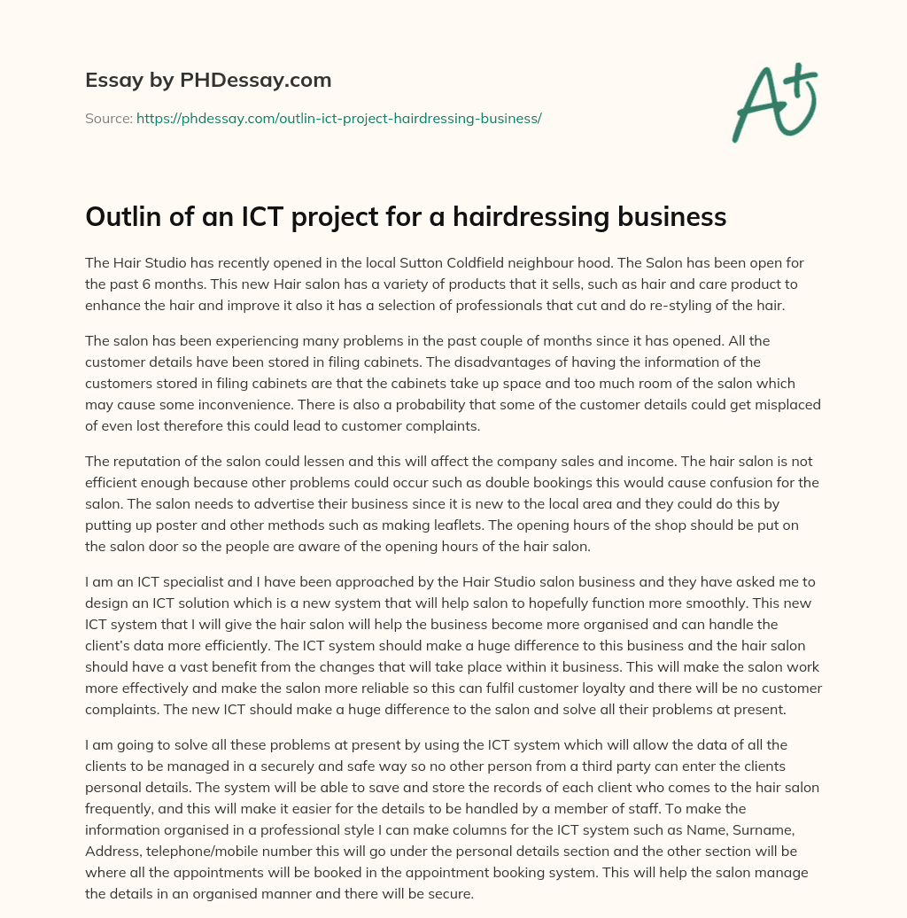 Outlin of an ICT project for a hairdressing business essay