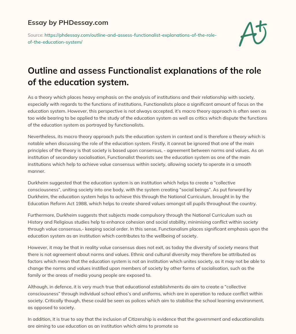 The Functionalist Perspective on Education: A Macro Theory Approach essay