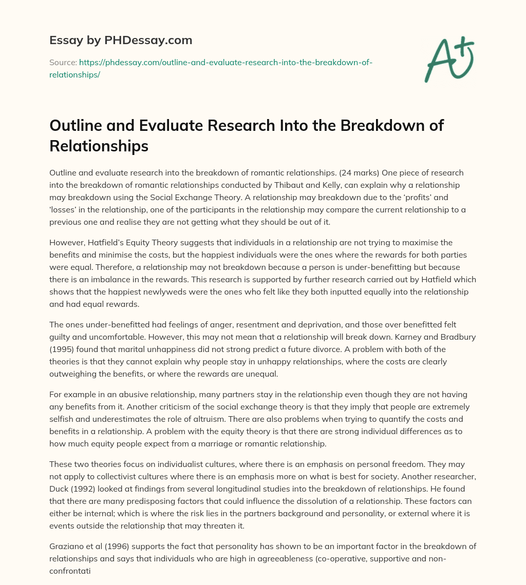 Outline and Evaluate Research Into the Breakdown of Relationships essay