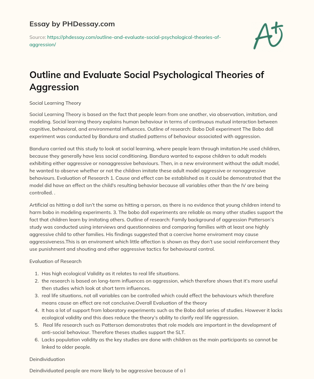 Outline and Evaluate Social Psychological Theories of Aggression essay