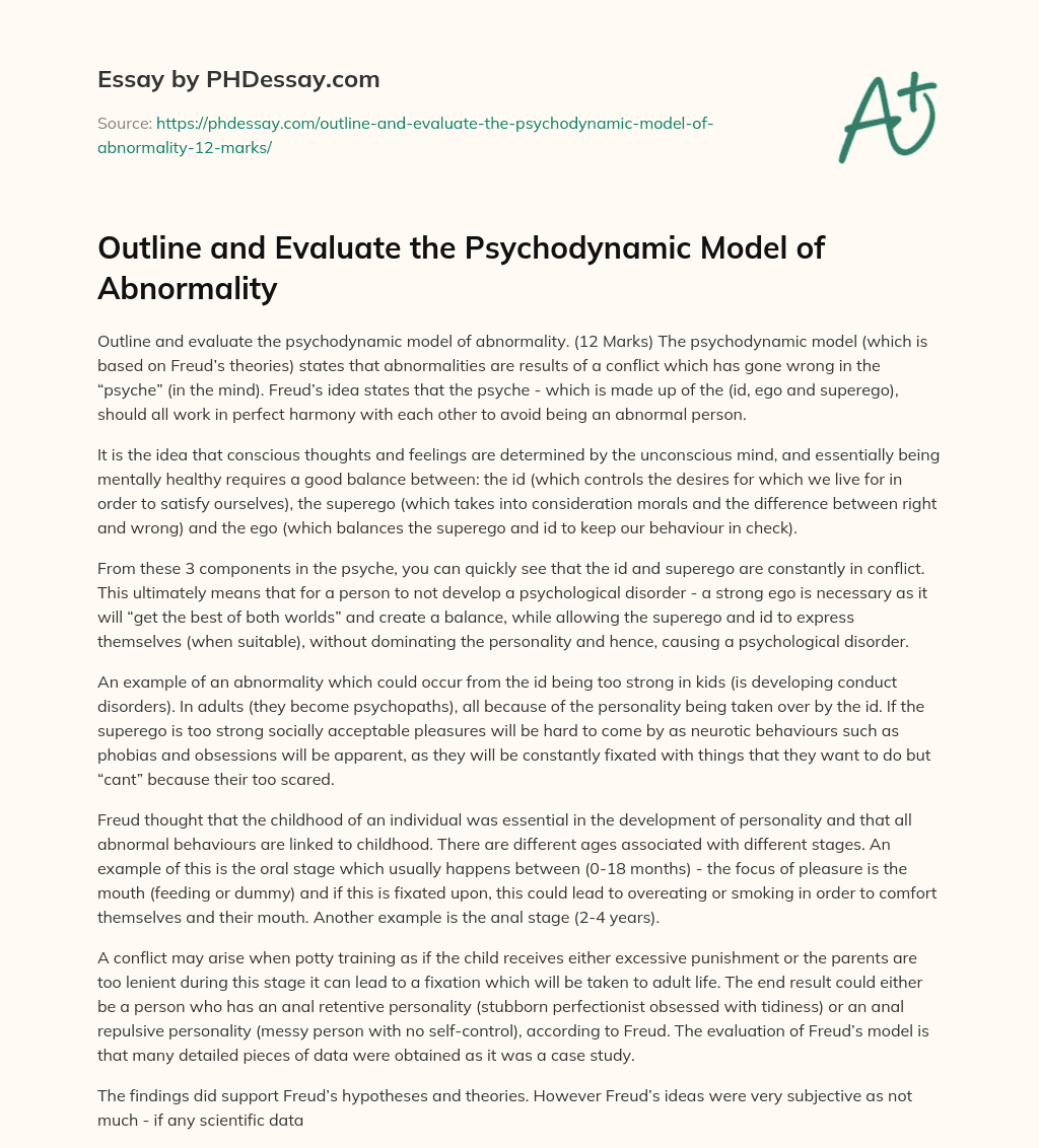 Outline and Evaluate the Psychodynamic Model of Abnormality essay