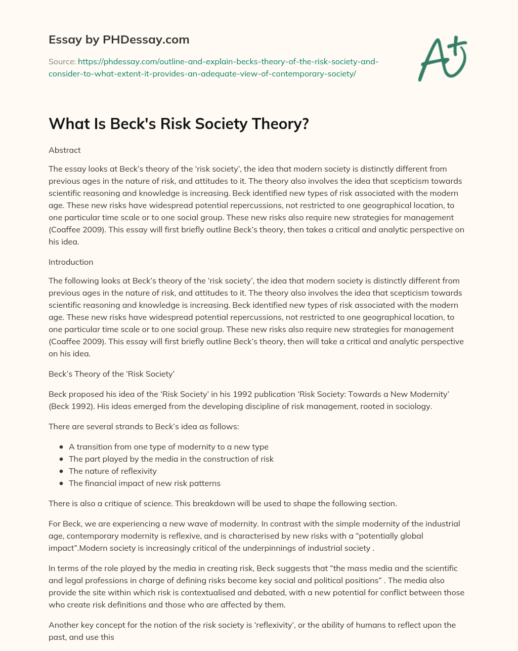 essay on risk society