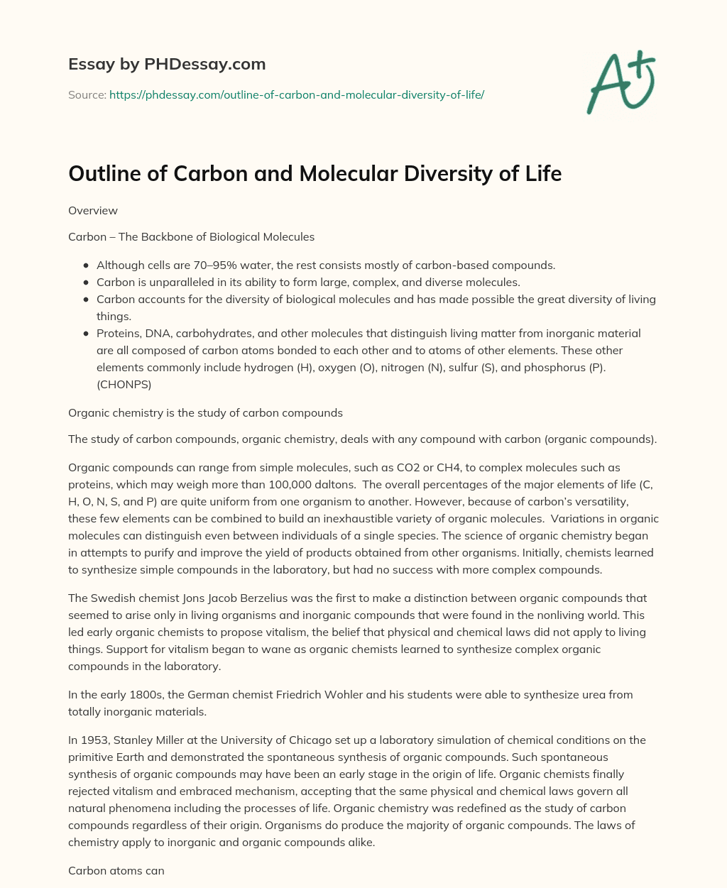 Outline of Carbon and Molecular Diversity of Life essay