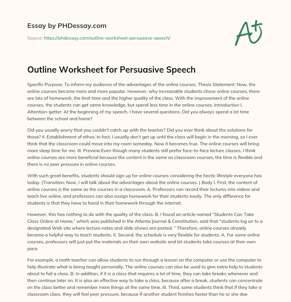 Outline Worksheet for Persuasive Speech essay