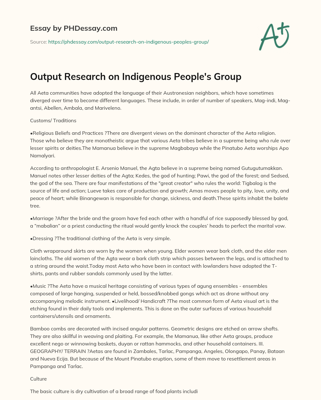 Output Research on Indigenous People’s Group essay