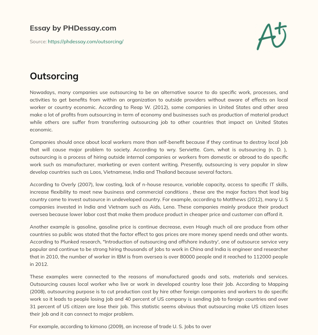 Outsourcing: Balancing Self-Benefit and Local Job Security essay