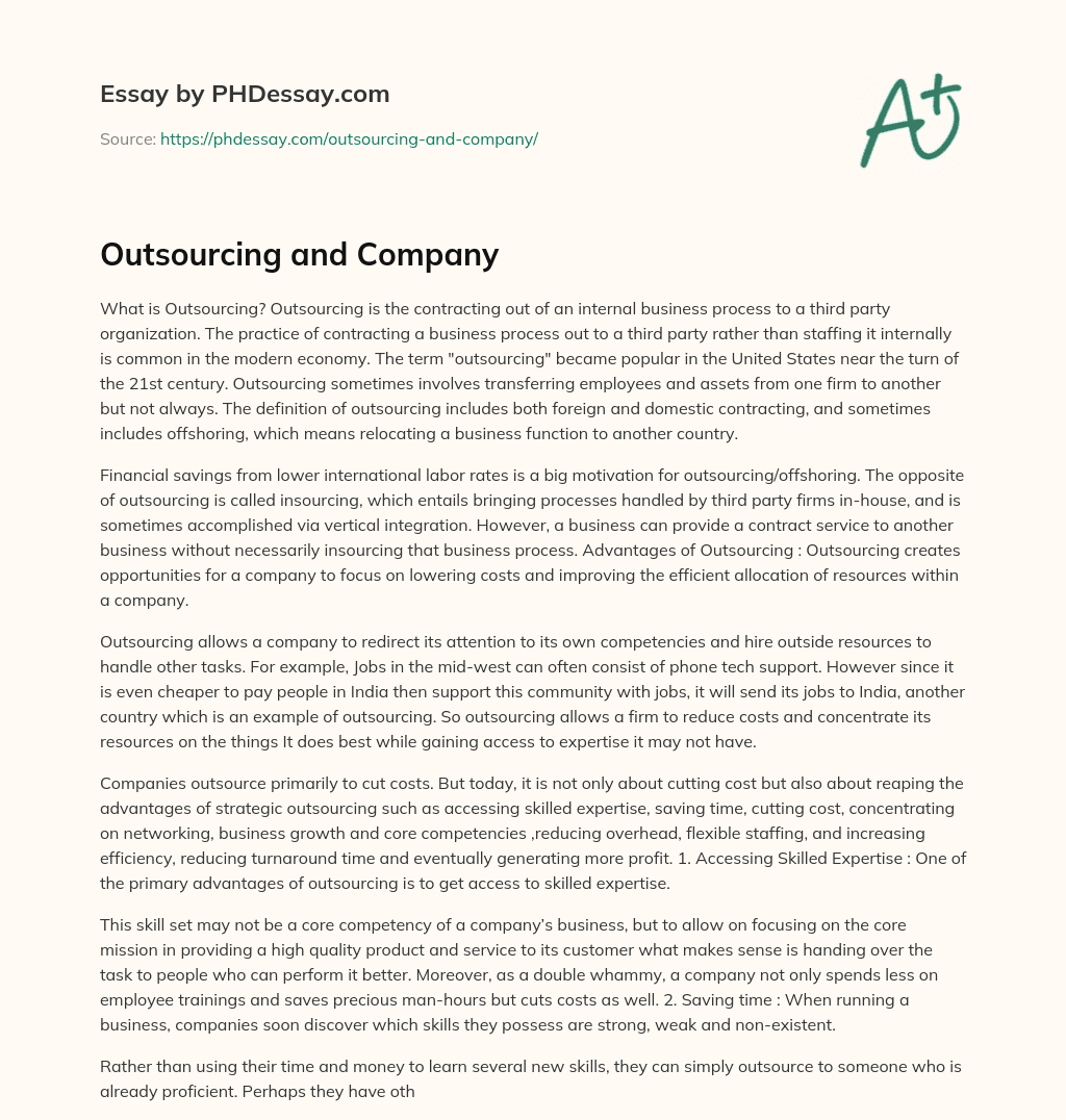 Outsourcing and Company essay