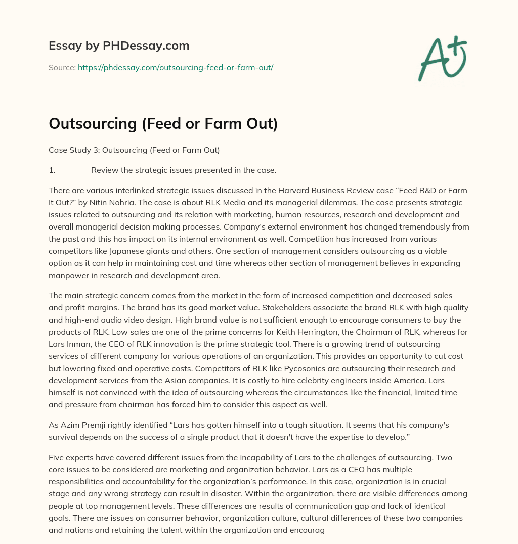 Outsourcing (Feed or Farm Out) essay