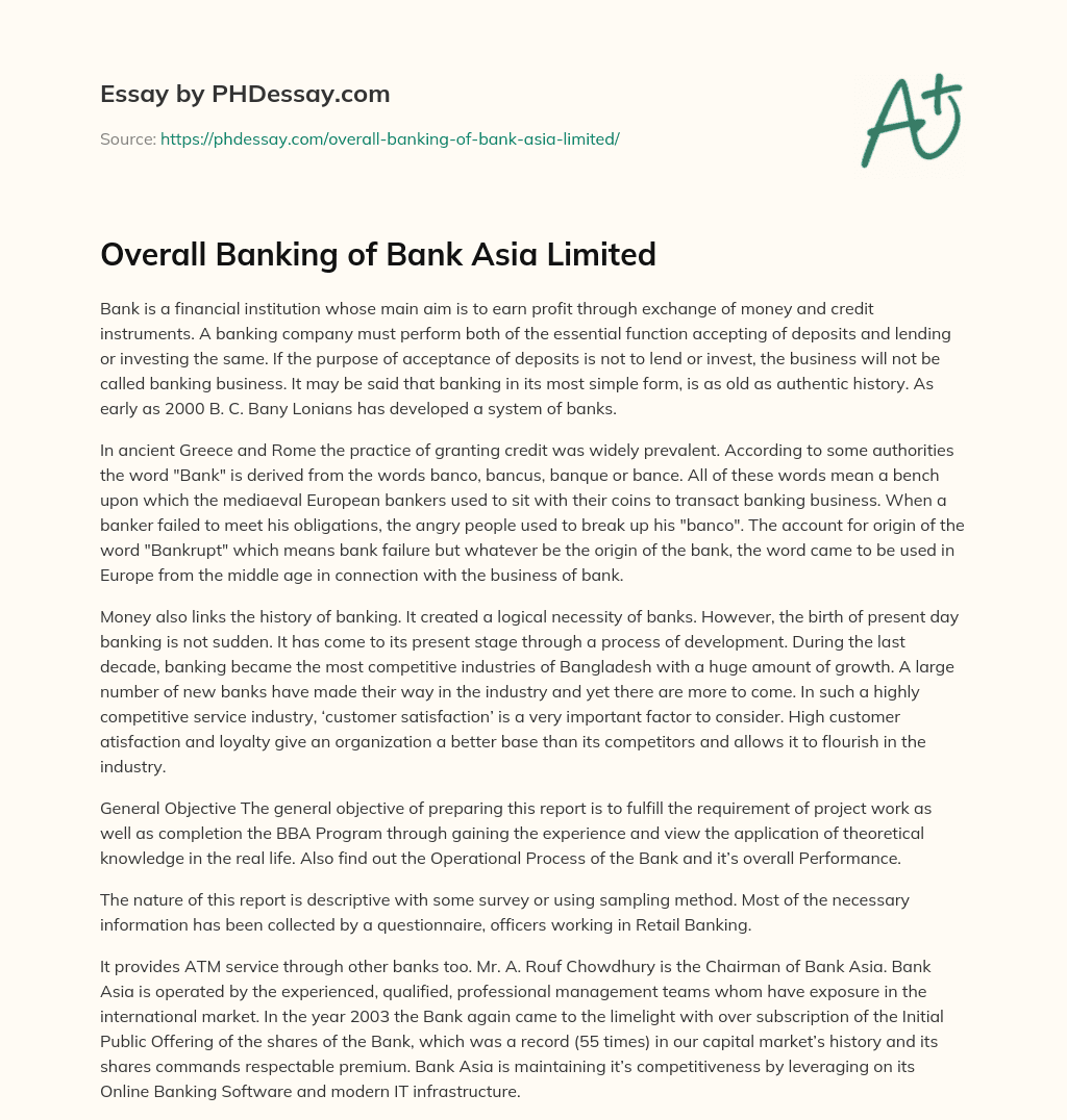 Overall Banking of Bank Asia Limited essay