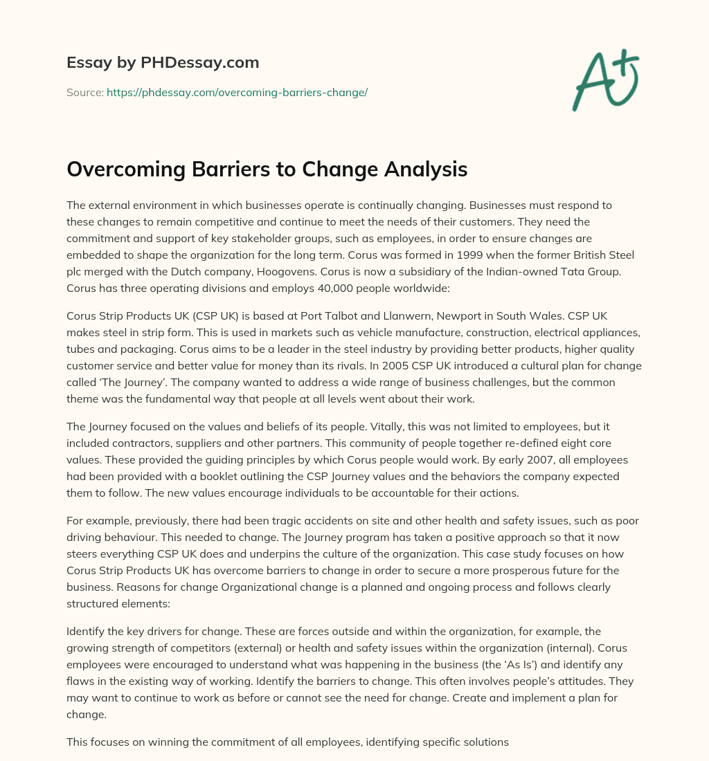 Overcoming Barriers to Change Analysis essay