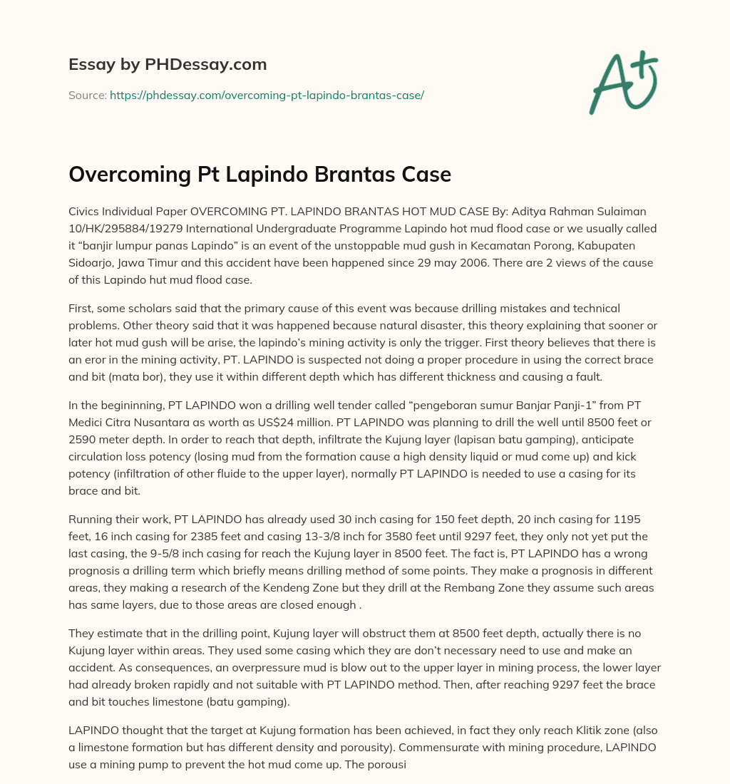 Overcoming PT. Lapindo Brantas Hot Mud Case essay