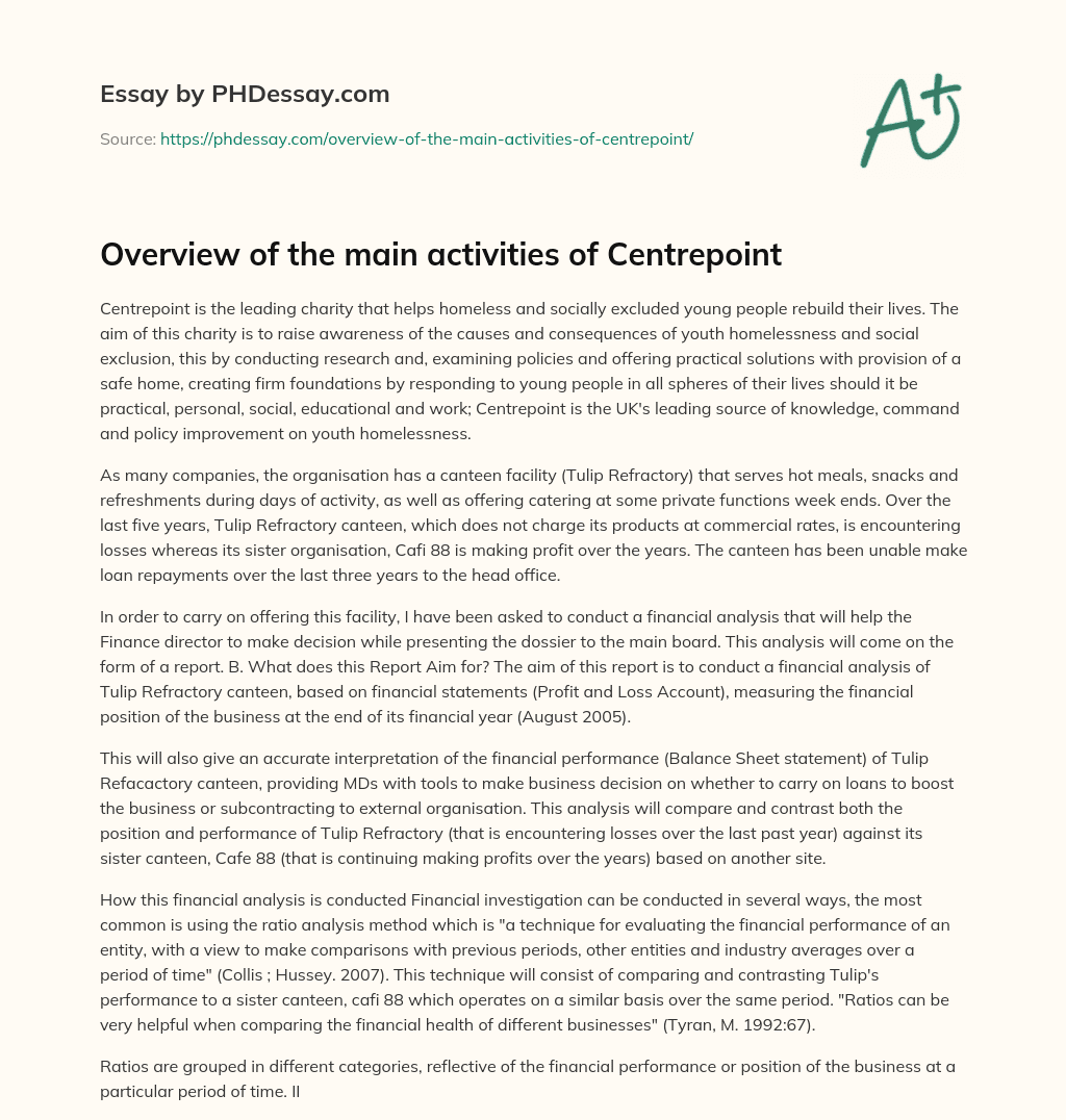 Overview of the main activities of Centrepoint essay
