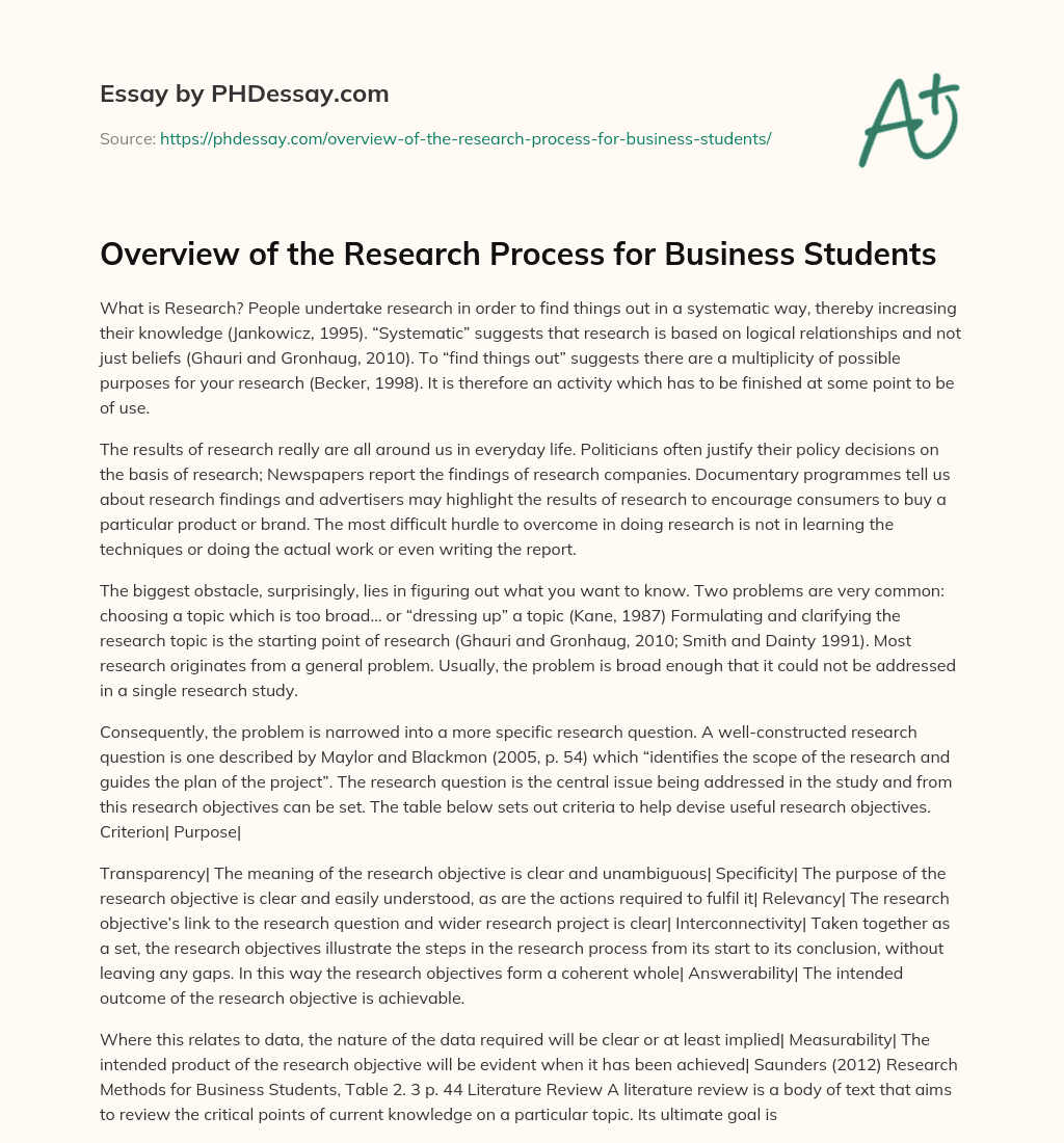 Overview of the Research Process for Business Students essay