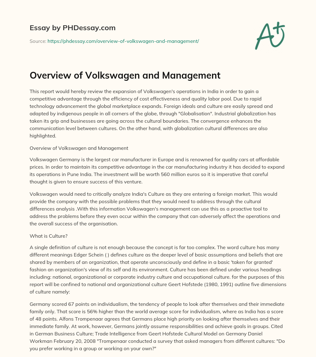 Overview of Volkswagen and Management essay