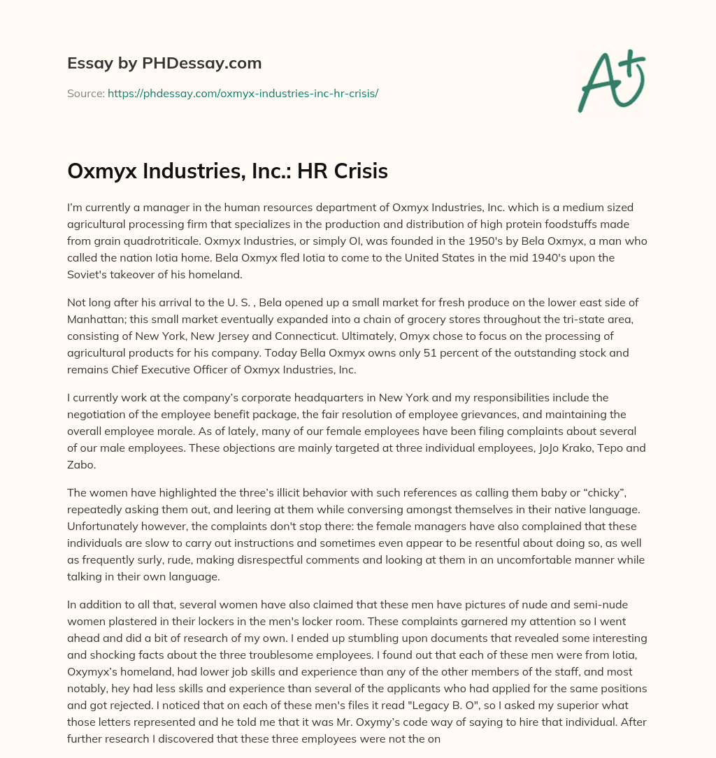 Oxmyx Industries, Inc.: HR Crisis essay