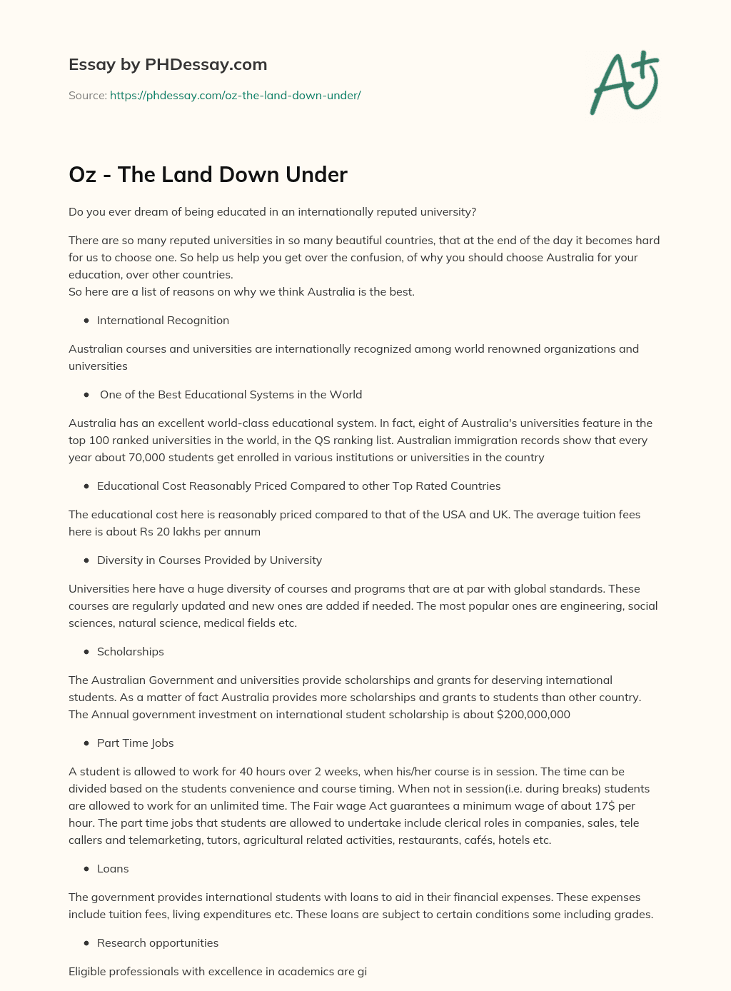 Oz – The Land Down Under essay