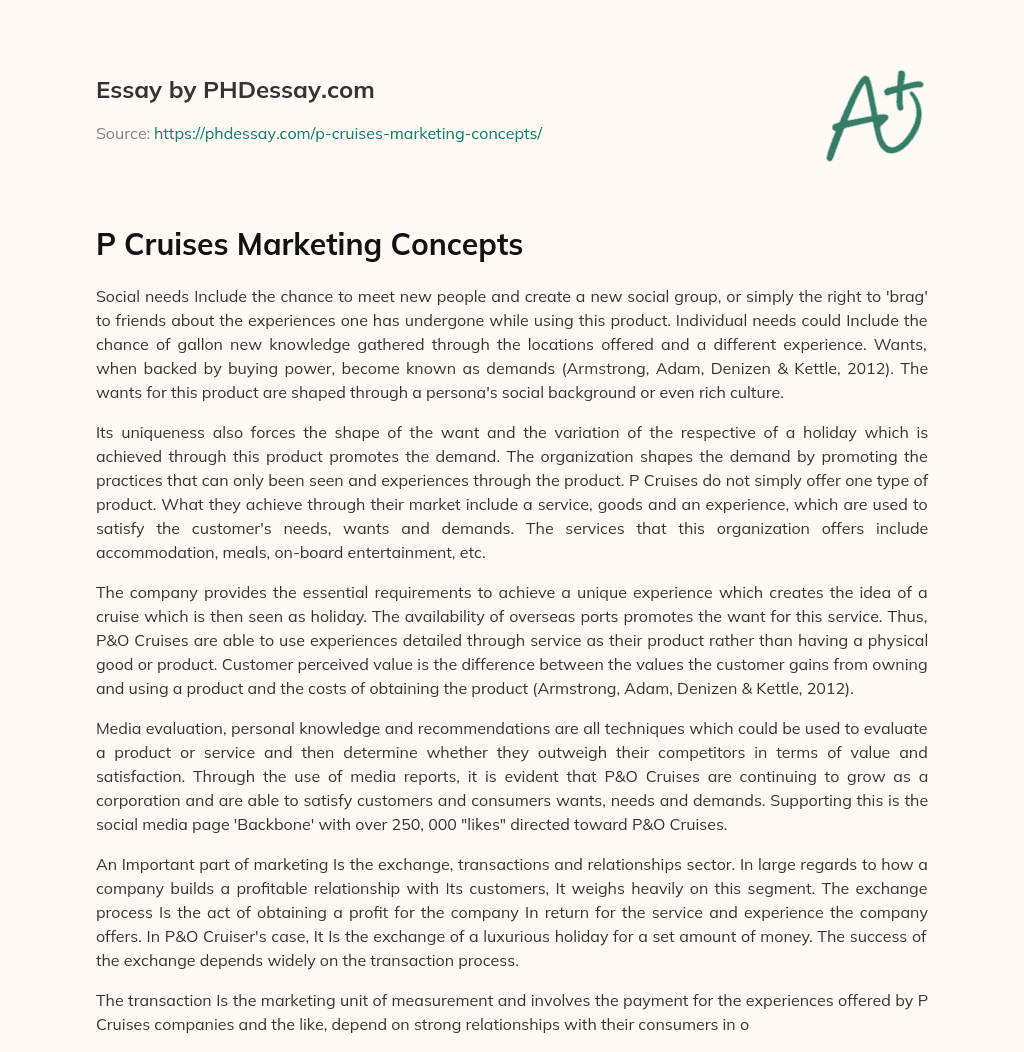 P Cruises Marketing Concepts essay