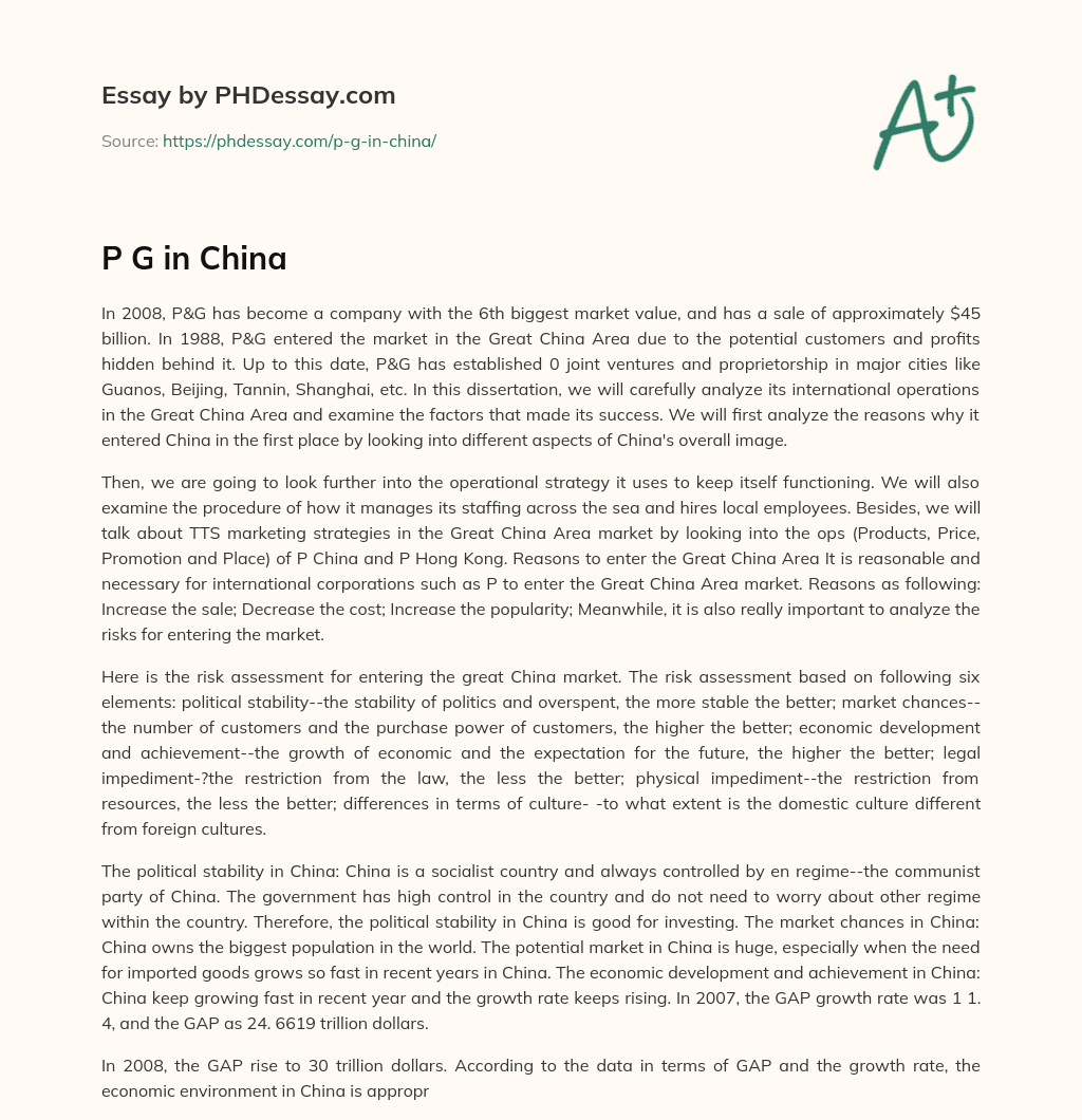 P&G’s Success in Great China Area: Factors and Strategies essay