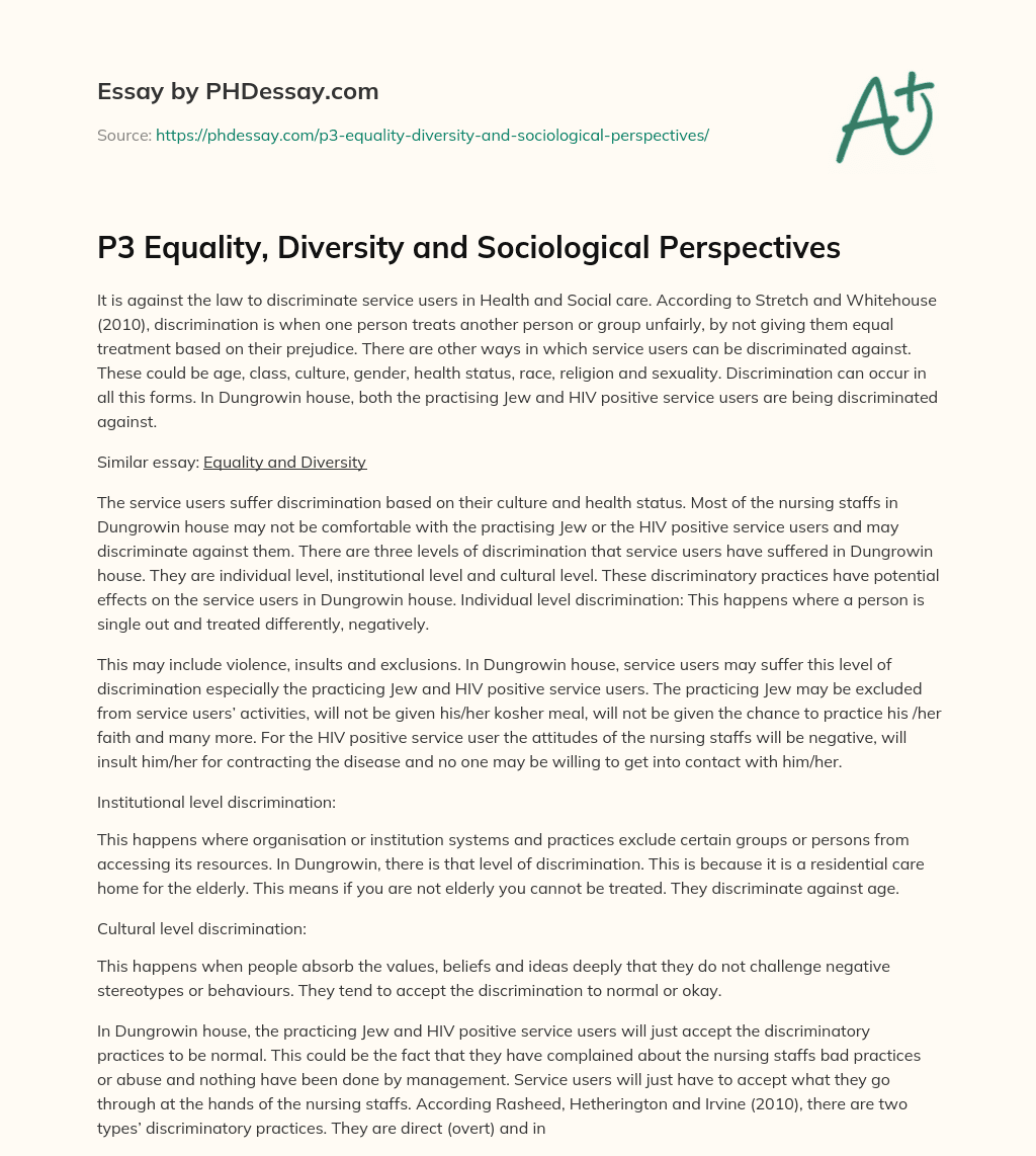 P3 Equality, Diversity and Sociological Perspectives essay
