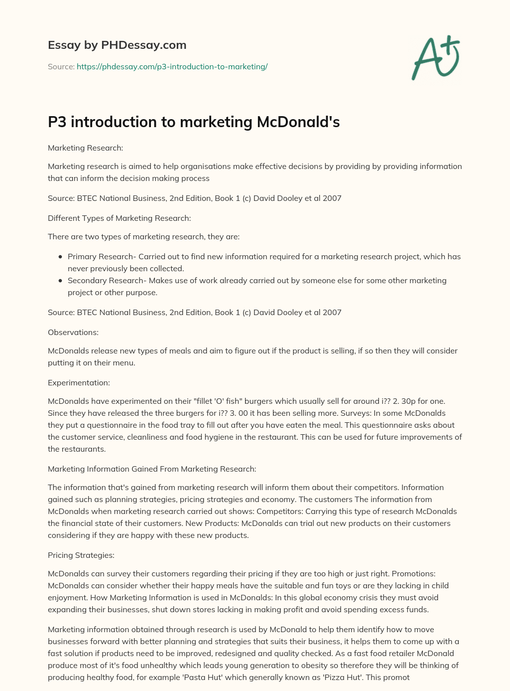 P3 introduction to marketing McDonald’s essay