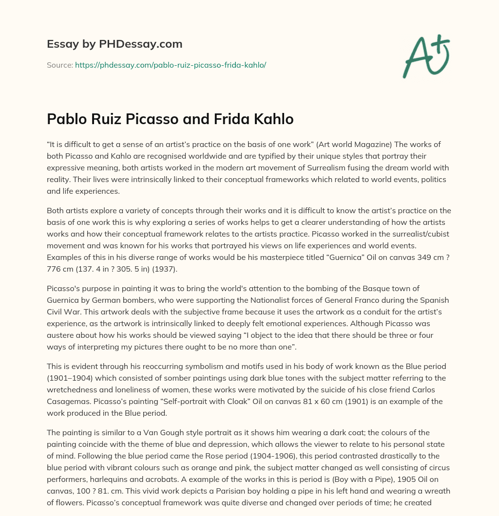 Pablo Ruiz Picasso and Frida Kahlo essay