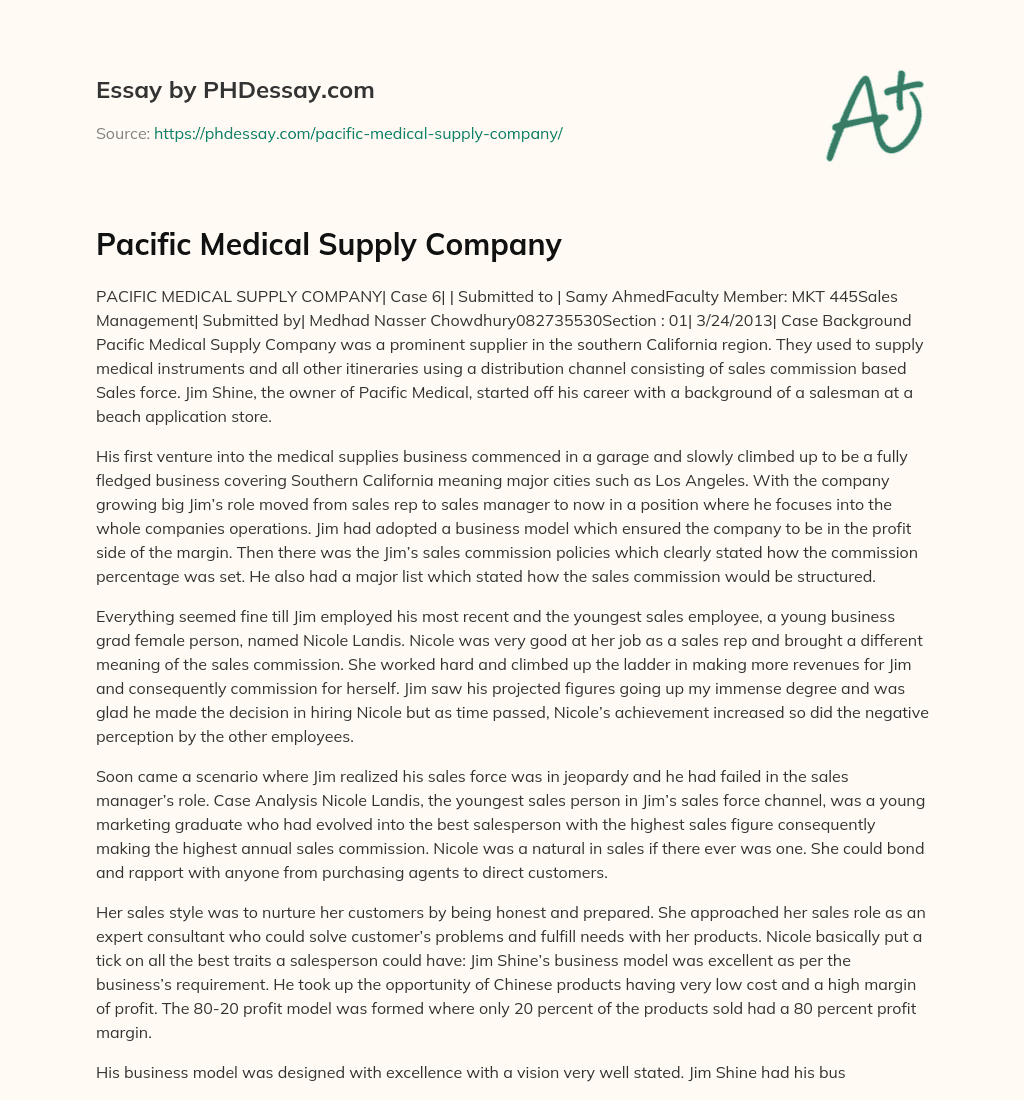 Pacific Medical Supply Company essay