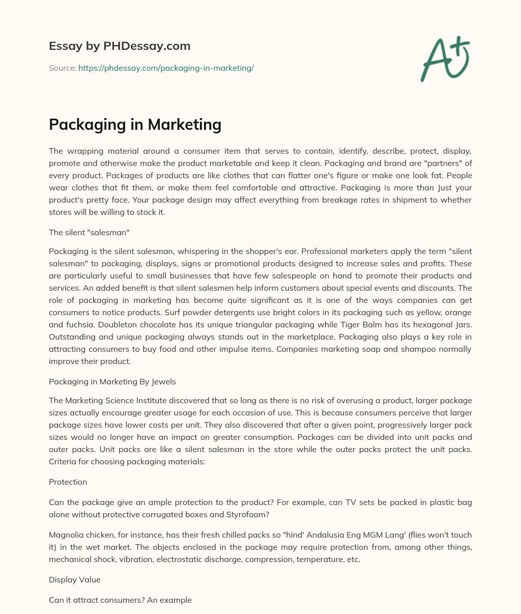 Packaging in Marketing essay