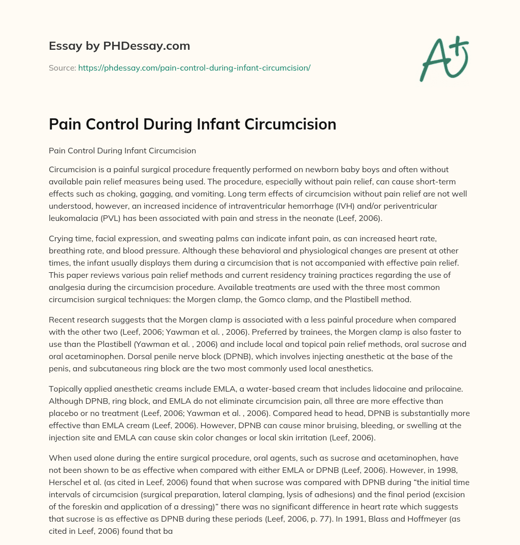 Pain Control During Infant Circumcision essay