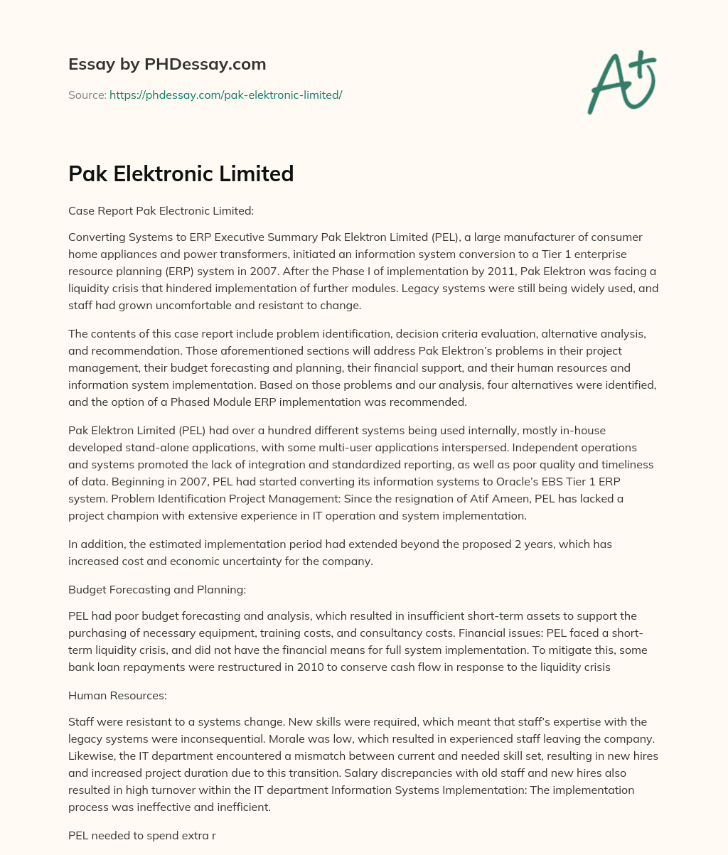 Pak Elektronic Limited essay