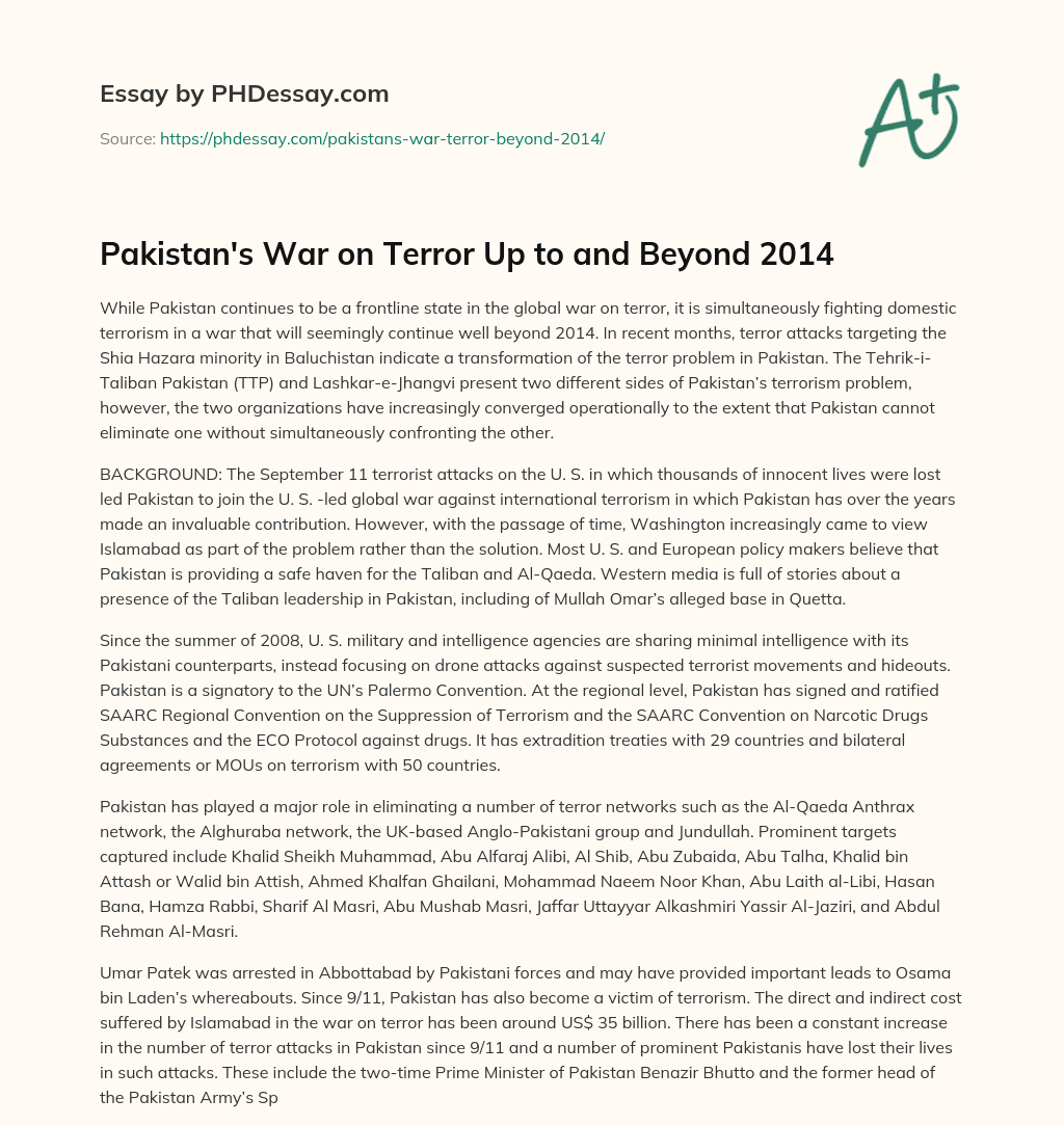 Pakistan’s War on Terror Up to and Beyond 2014 essay