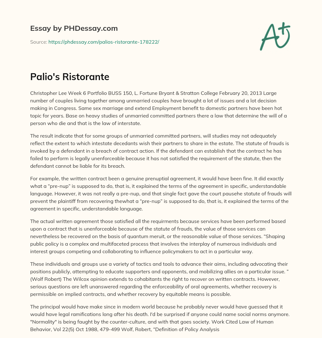 Palio’s Ristorante essay