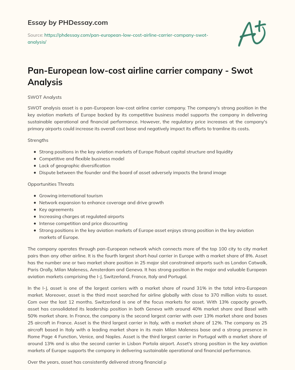 PanEuropean lowcost airline carrier company Swot Analysis