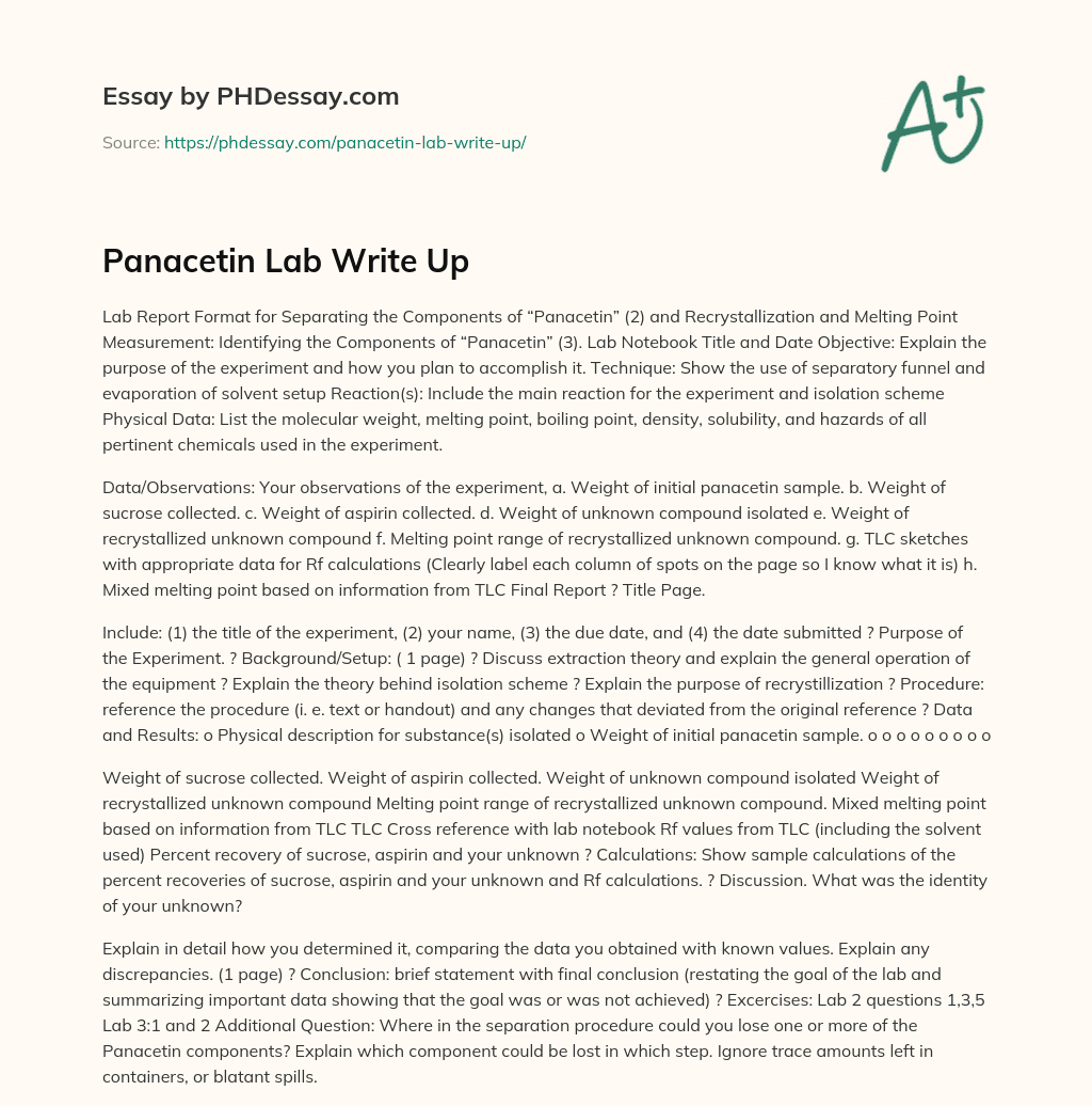 Panacetin Lab Write Up essay