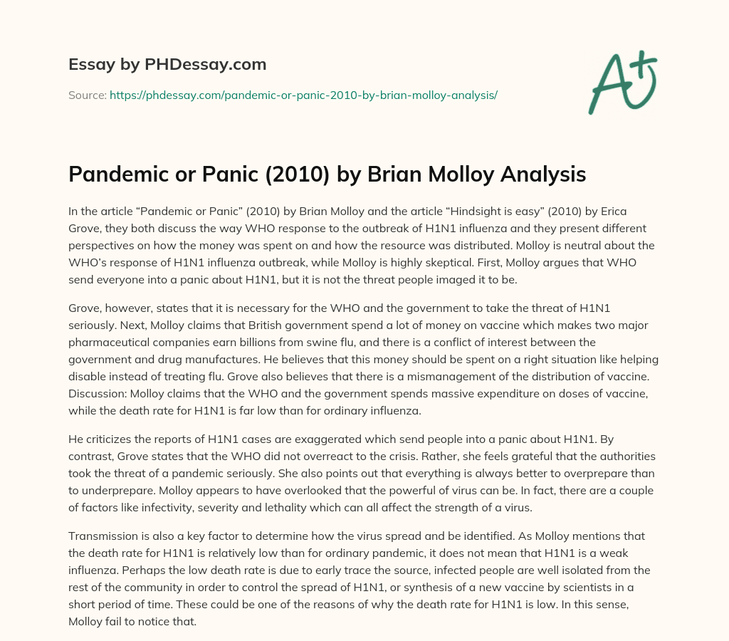 Pandemic or Panic (2010) by Brian Molloy Analysis essay